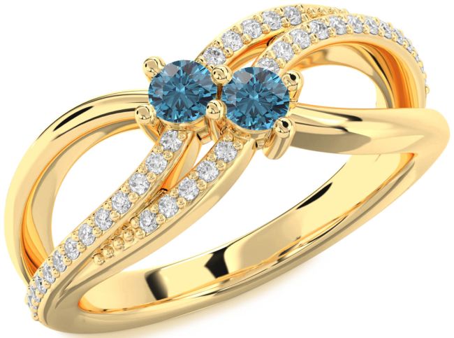 Blue Diamond Gold Silver Round Two Stone Ring