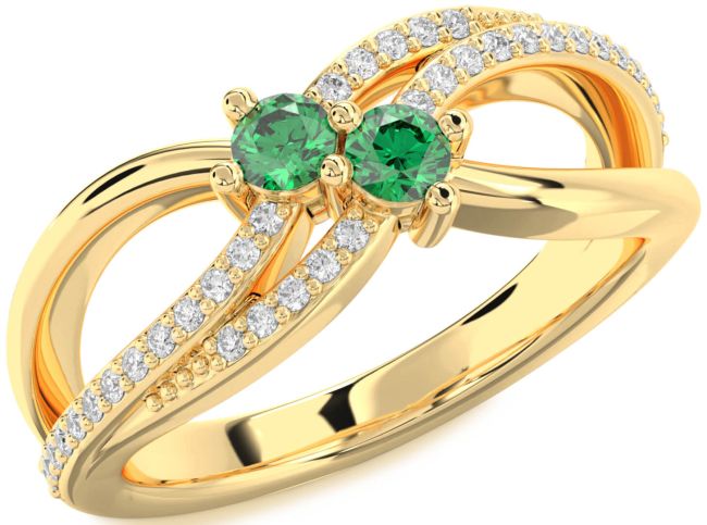 Diamond Emerald Gold Round Two Stone Birthstone Ring