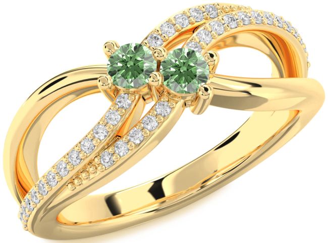 Green Diamond Gold Silver Round Two Stone Ring