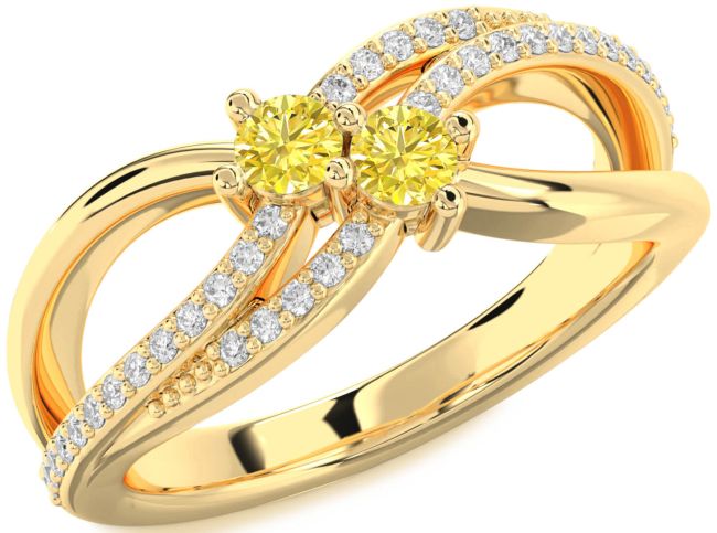 Yellow Diamond Gold Silver Round Two Stone Ring