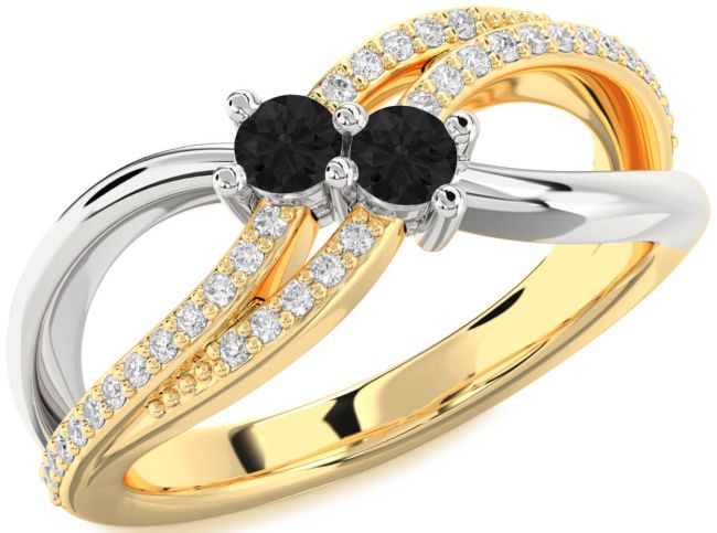 Black Diamond Gold Silver Round Two Stone Ring