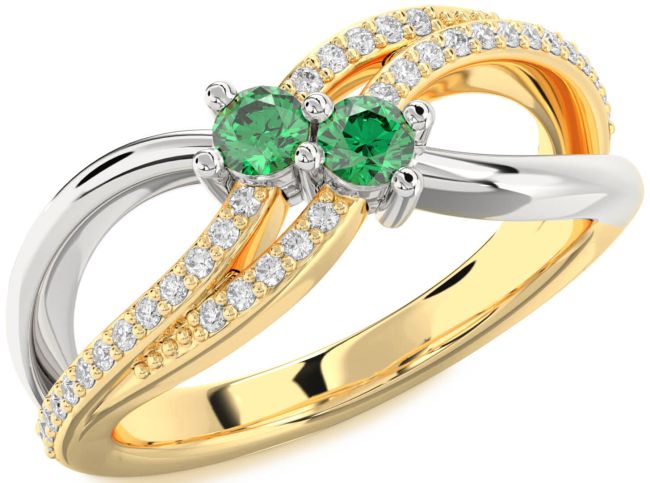 Diamond Emerald Gold Silver Round Two Stone Birthstone Ring