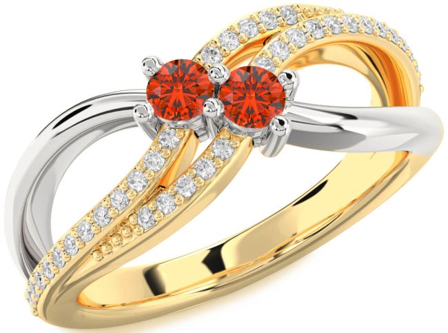 Diamond Fire Opal Gold Silver Round Two Stone Ring