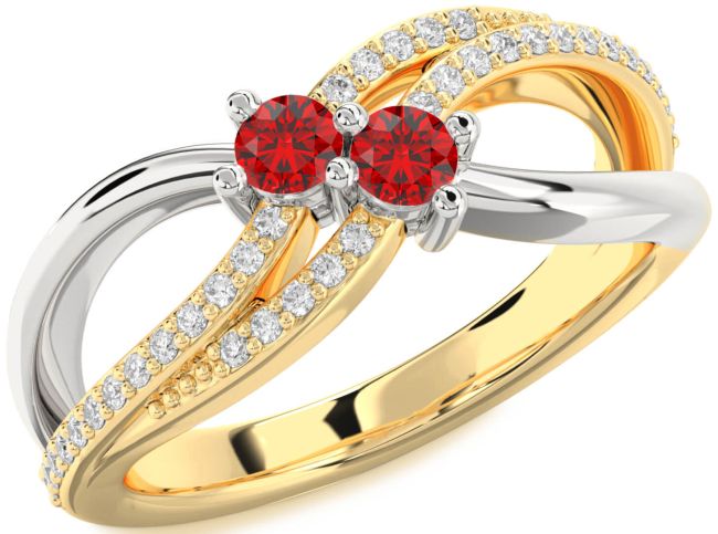 Diamond Ruby Gold Silver Round Two Stone Birthstone Ring