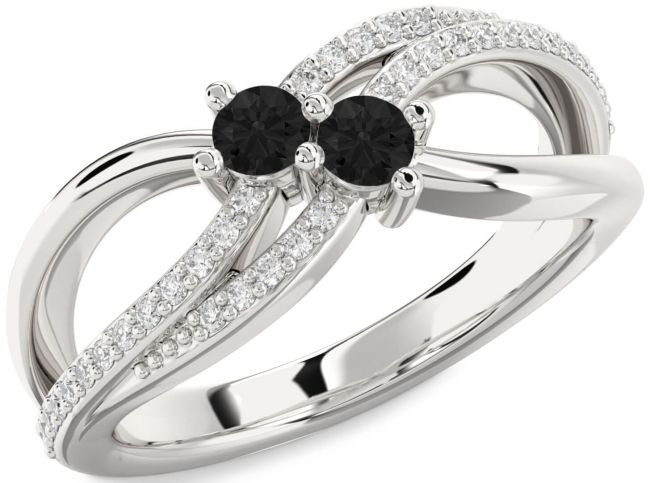 Black Diamond Silver Round Two Stone Ring
