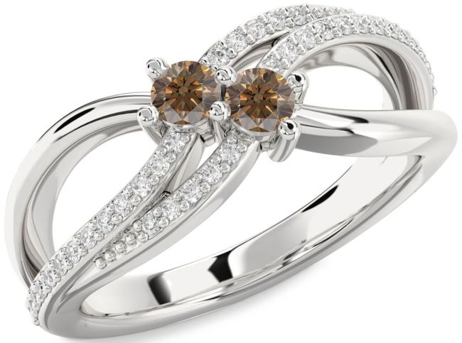 Chocolate Brown Diamond Silver Round Two Stone Ring