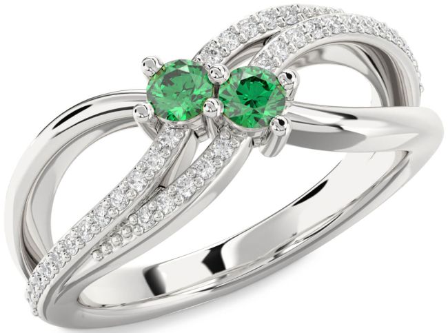 Diamond Emerald Silver Round Two Stone Birthstone Ring