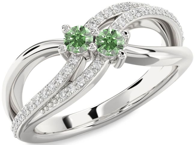 Green Diamond Silver Round Two Stone Ring