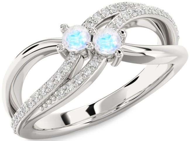 Diamond Moonstone Silver Round Two Stone Ring