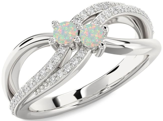 Diamond Opal Silver Round Two Stone Birthstone Ring