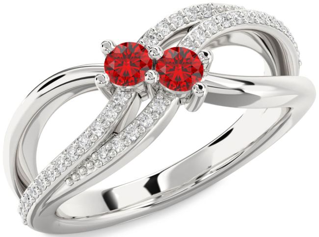 Diamond Ruby Silver Round Two Stone Birthstone Ring