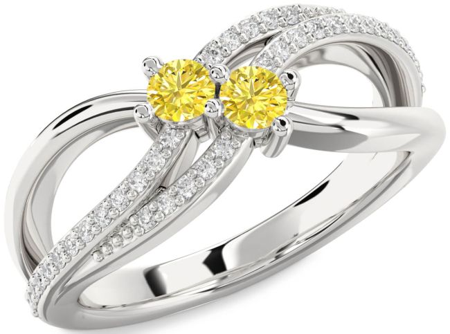 Yellow Diamond Silver Round Two Stone Ring