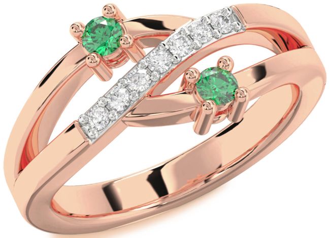 Diamond Emerald Rose Gold Round Two Stone Birthstone Ring