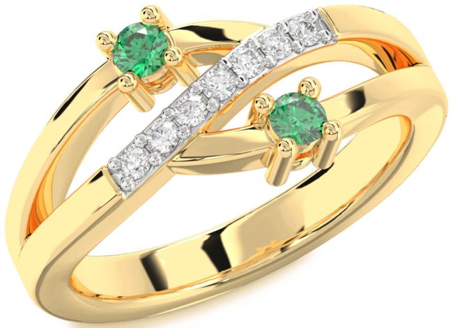 Diamond Emerald Gold Silver Round Two Stone Birthstone Ring