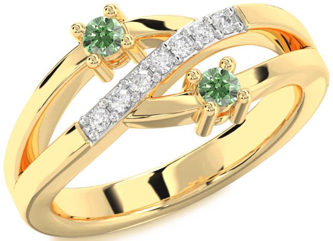 Green Diamond Gold Silver Round Two Stone Ring