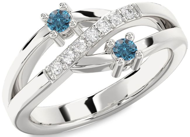 Blue Diamond Silver Round Two Stone Ring