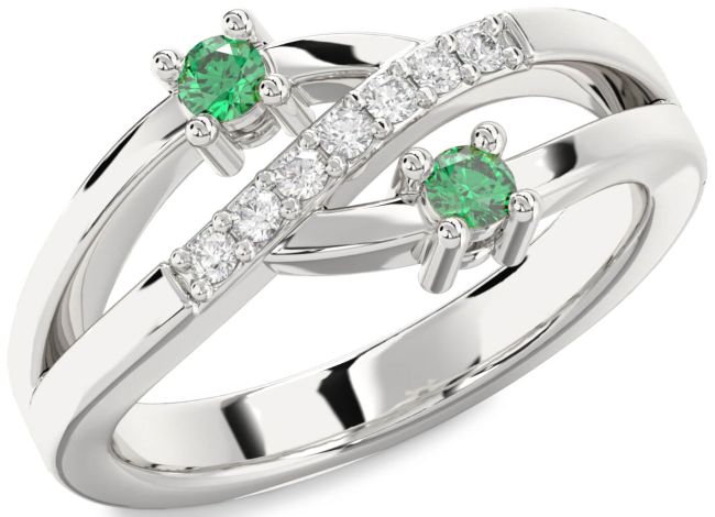 Diamond Emerald Silver Round Two Stone Birthstone Ring