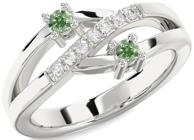 Green Diamond Silver Round Two Stone Ring