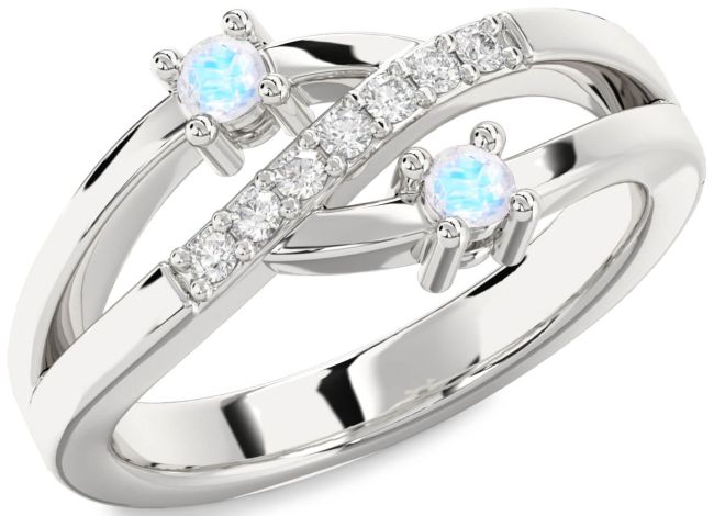 Diamond Moonstone Silver Round Two Stone Ring