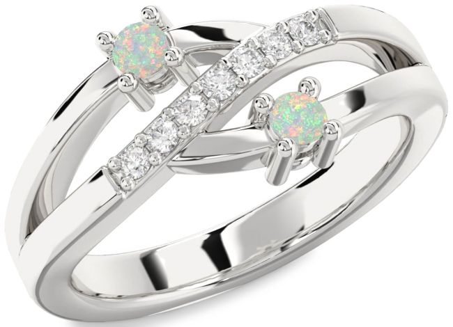 Diamond Opal Silver Round Two Stone Birthstone Ring