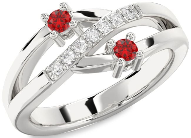 Diamond Ruby Silver Round Two Stone Birthstone Ring