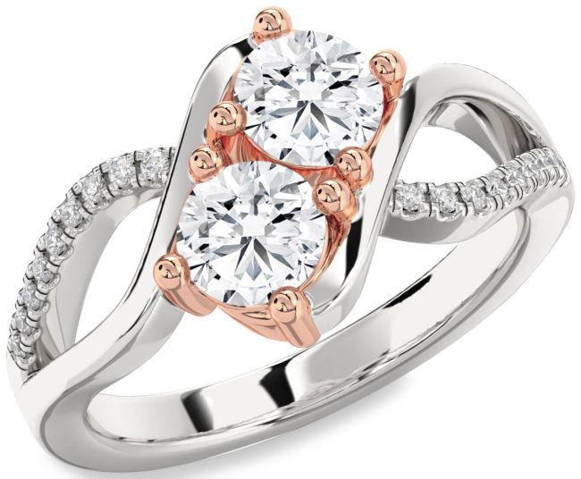 Diamond Silver & 10K Rose Gold Round Two Stone Ring