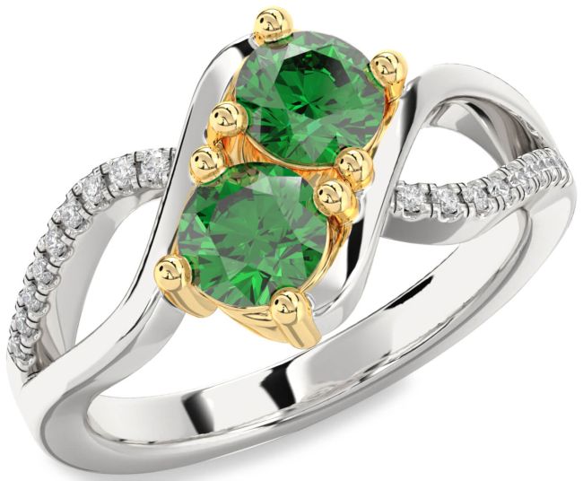 Diamond Emerald Gold Silver Round Two Stone Birthstone Ring