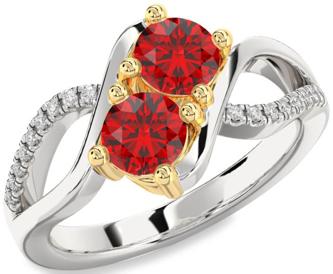 Diamond Ruby Gold Silver Round Two Stone Birthstone Ring