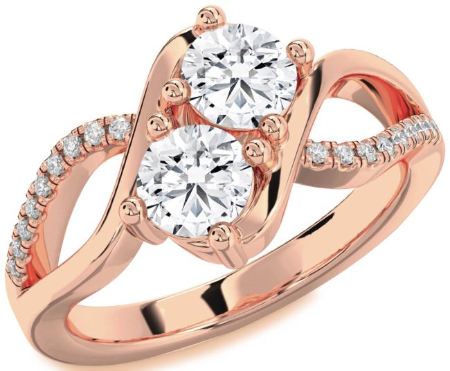 Diamond Rose Gold Silver Round Two Stone Ring