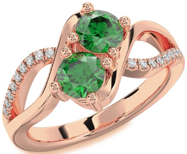 Diamond Emerald Rose Gold Round Two Stone Birthstone Ring