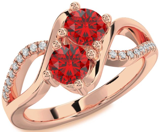 Diamond Ruby Rose Gold Round Two Stone Birthstone Ring
