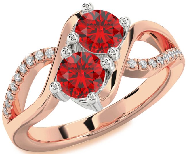 Diamond Ruby Rose Gold Silver Round Two Stone Birthstone Ring