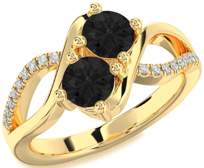 Black Diamond Gold Silver Round Two Stone Ring