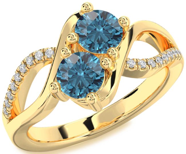 Blue Diamond Gold Silver Round Two Stone Ring