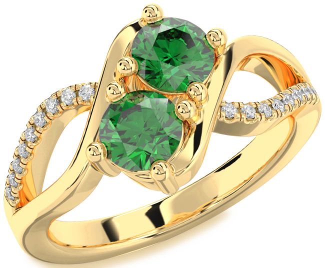 Diamond Emerald Gold Round Two Stone Birthstone Ring