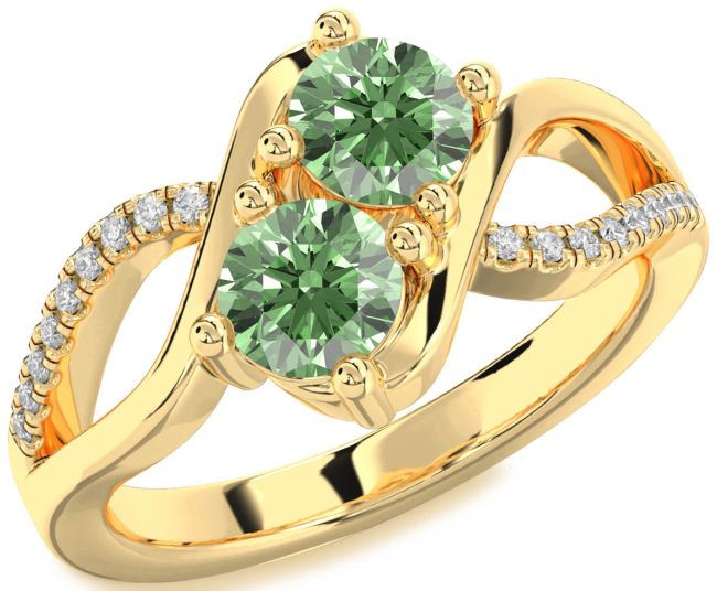 Green Diamond Gold Silver Round Two Stone Ring