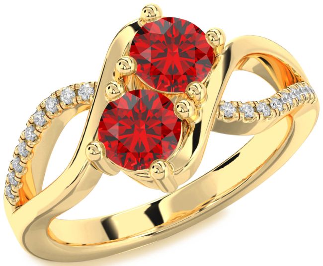 Diamond Ruby Gold Round Two Stone Birthstone Ring