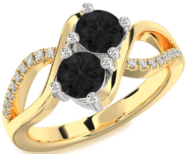 Black Diamond Gold Silver Round Two Stone Ring