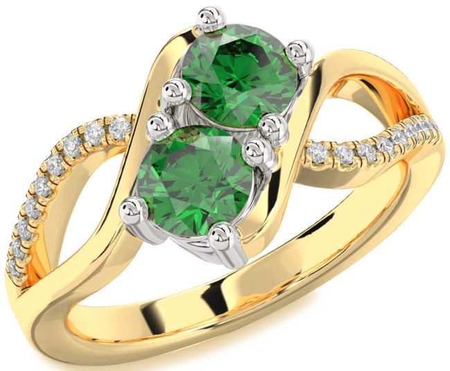 Diamond Emerald Gold Silver Round Two Stone Birthstone Ring