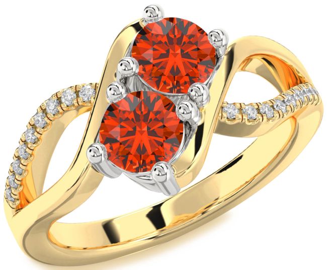 Diamond Fire Opal Gold Silver Round Two Stone Ring