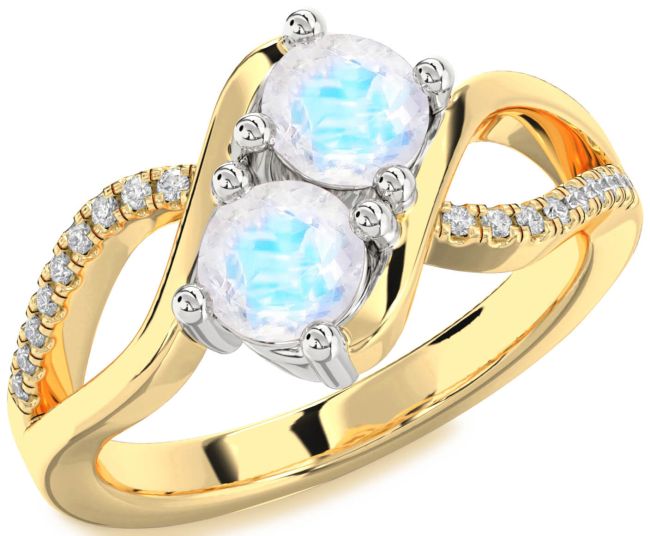 Diamond Moonstone Gold Silver Round Two Stone Ring