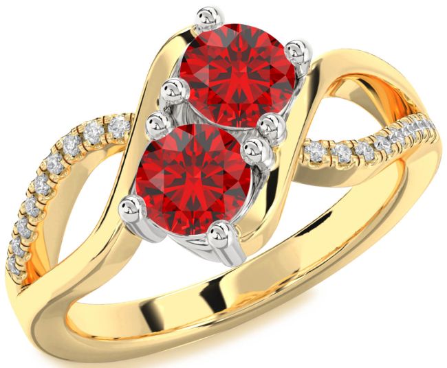 Diamond Ruby Gold Silver Round Two Stone Birthstone Ring