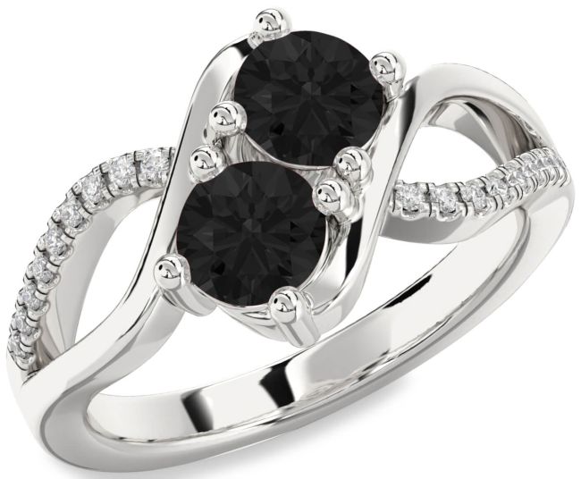 Black Diamond Silver Round Two Stone Ring