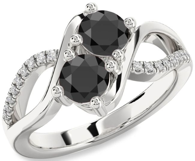 Diamond Black Onyx Silver Round Two Stone Ring