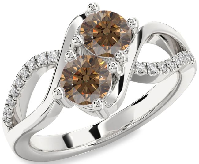 Chocolate Brown Diamond Silver Round Two Stone Ring