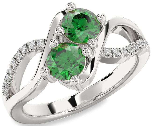 Diamond Emerald Silver Round Two Stone Birthstone Ring