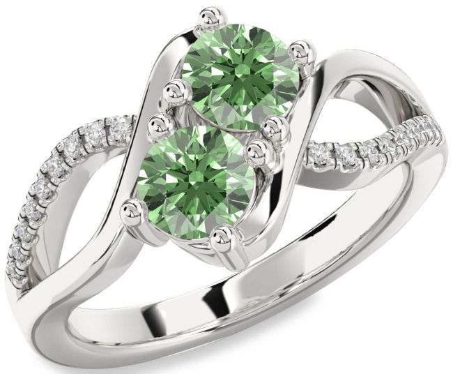 Green Diamond Silver Round Two Stone Ring