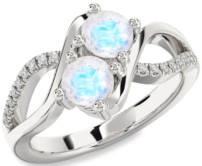 Diamond Moonstone Silver Round Two Stone Ring