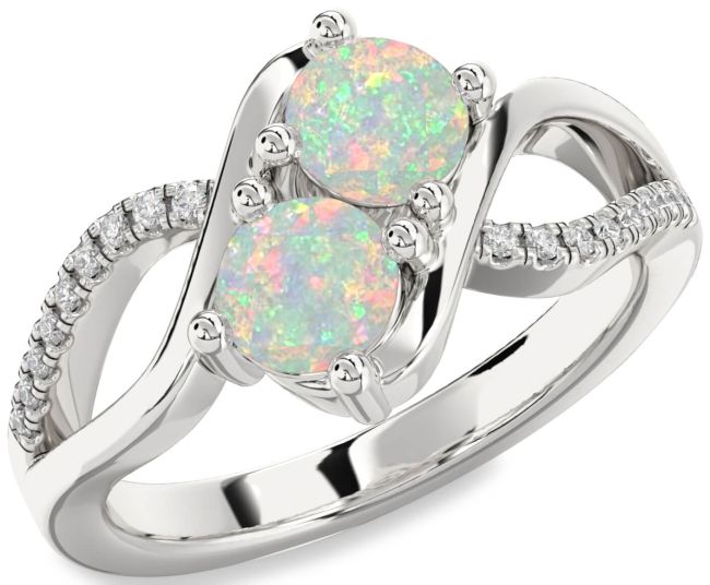 Diamond Opal Silver Round Two Stone Birthstone Ring