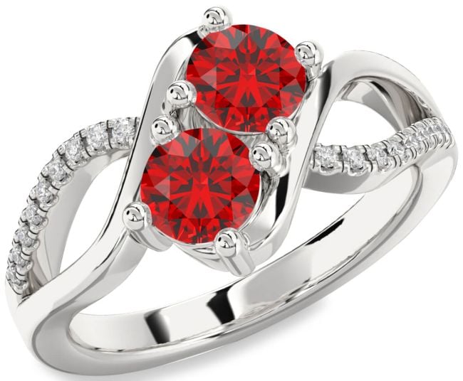 Diamond Ruby Silver Round Two Stone Birthstone Ring